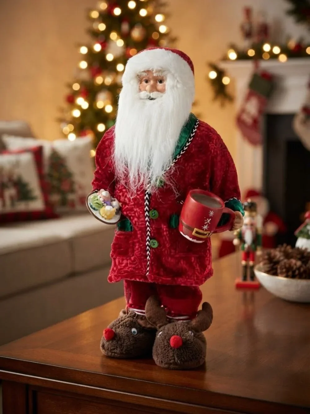 Pajama Santa Claus Figure Reindeer Slippers Mug Cookies Standing Christmas Decor
